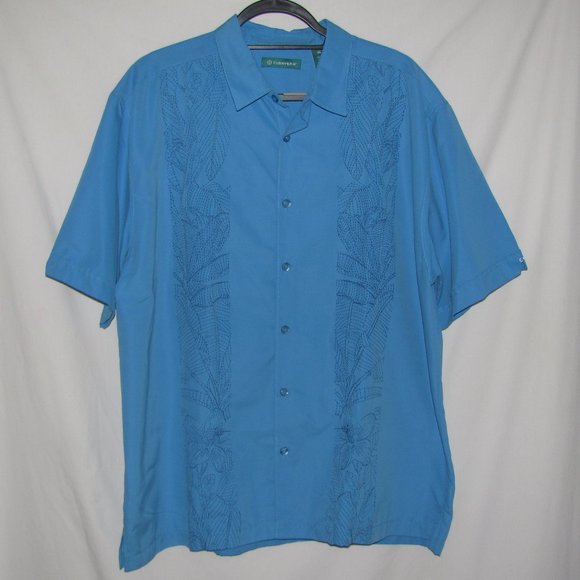 Mens' Cubavera Blue Embroidered Leaf Pattern Hawaiian Shirt Size XL Extra Large - Picture 1 of 7